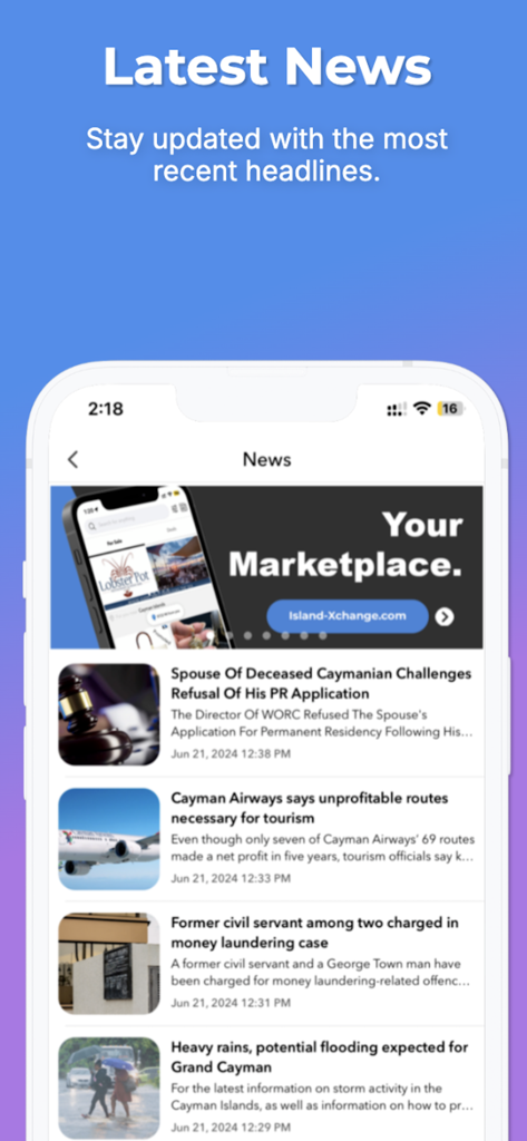 Latest news headlines section on the Island Xchange mobile app