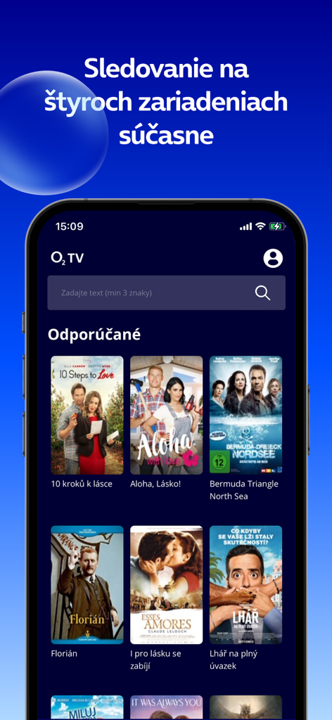O2 TV SK application - O2 TV SK mobile app interface displaying movie recommendations and multi-device streaming features