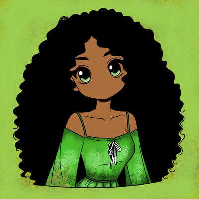 a black anime girl with long afro hair