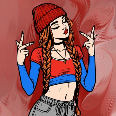 realistic teenage girl with braids and a beanie and crop top doing 🫶🏼