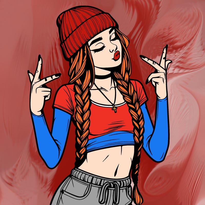 realistic teenage girl with braids and a beanie and crop top doing 🫶🏼