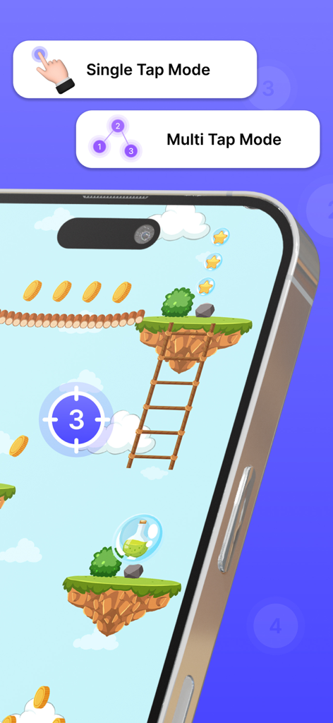 Auto Clicker: Auto Scroll, Tap - Interfaz de la aplicación Auto Clicker que muestra modos de toque único y múltiple para juegos automatizados en un iPhone