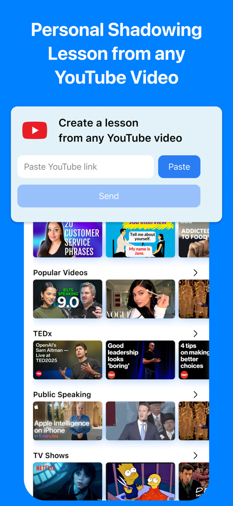 English Shadowing: Speak Pro - Interface for creating personalized language lessons by pasting a YouTube video link in the Speak Pro app.