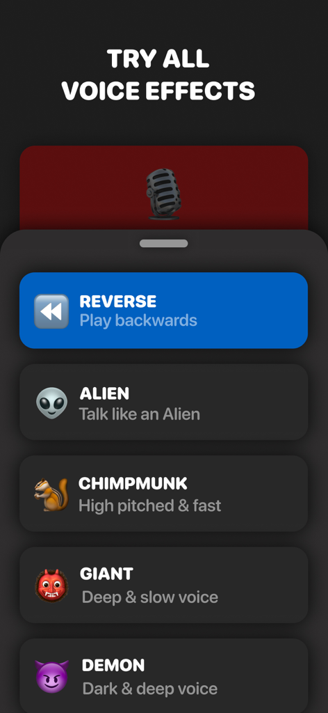 Reverse Singing - A menu of voice filters in the Reverse Singing app including reverse alien chipmunk giant and demon effects