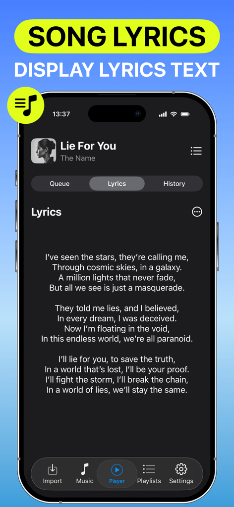 Interface of Anywhere Music Player displaying synchronized song lyrics on a mobile device.