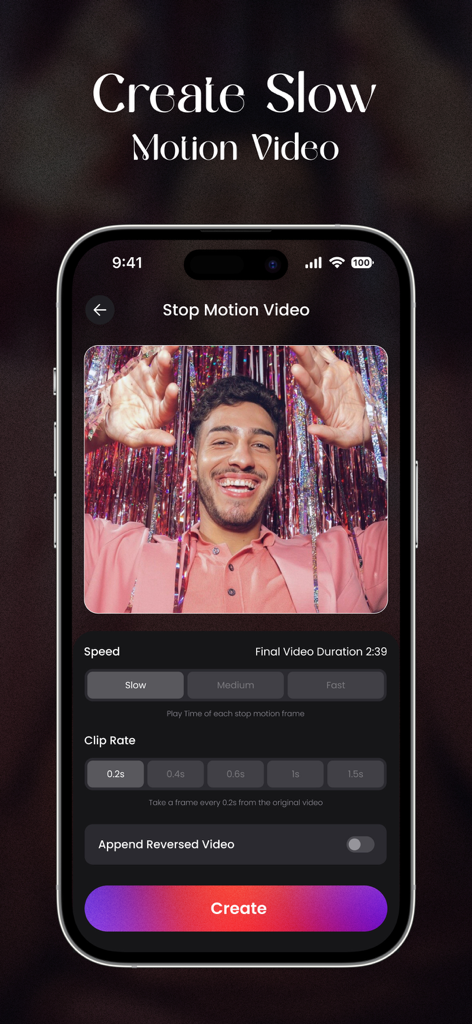Stop Motion Video Maker Studio - Oberfläche von Stop Motion Video Maker Studio, die Slow-Motion- und Clip-Rate-Einstellungen für die Videobearbeitung zeigt.