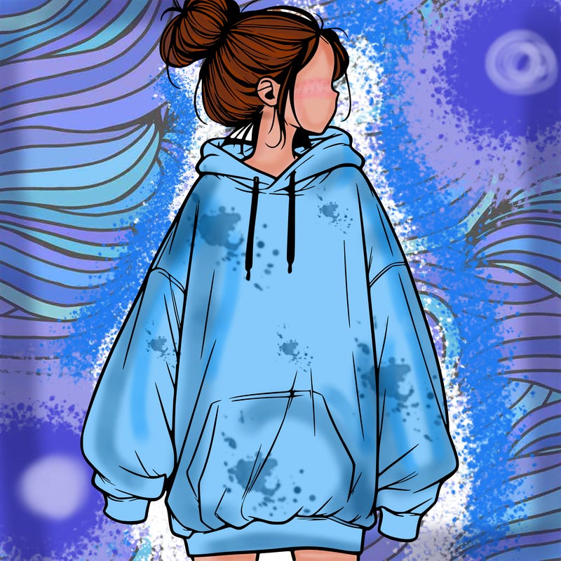 realistic girl with a oversized sweatshirt on and a bun