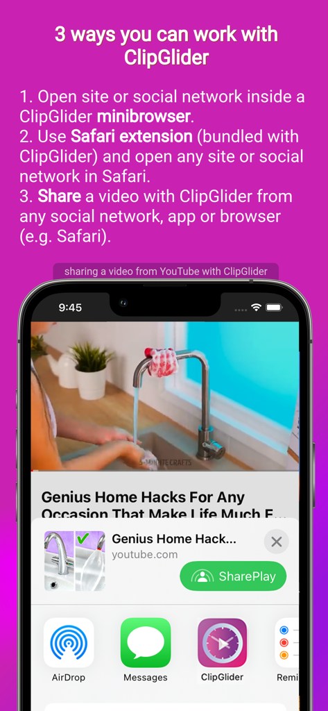 Tutorial showing ClipGlider's minibrowser, Safari extension, and video sharing features.