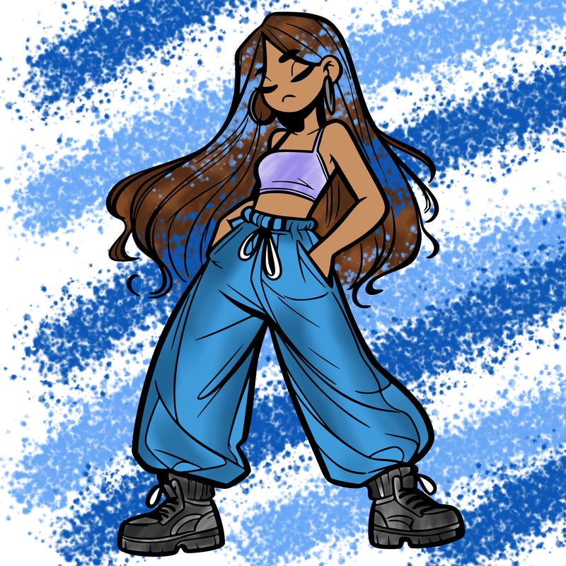 girl in baggy pants crop top and long hair