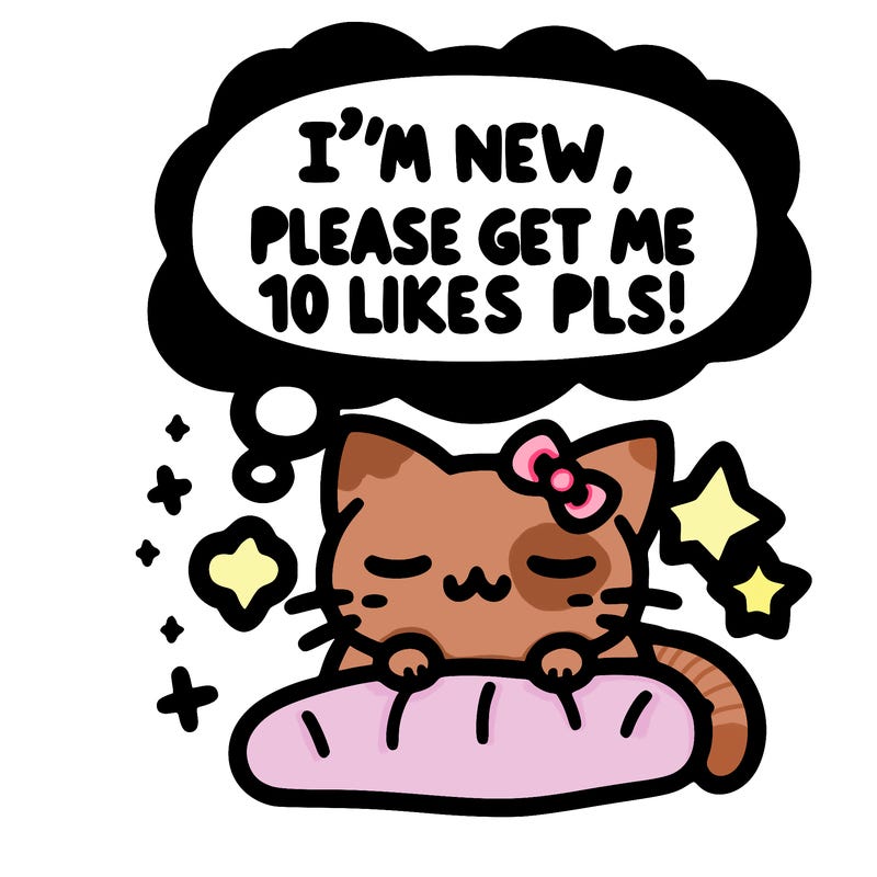 kitty taking a nap dream talking and saying "i'm new, please get me at least 10 likes pls!!"