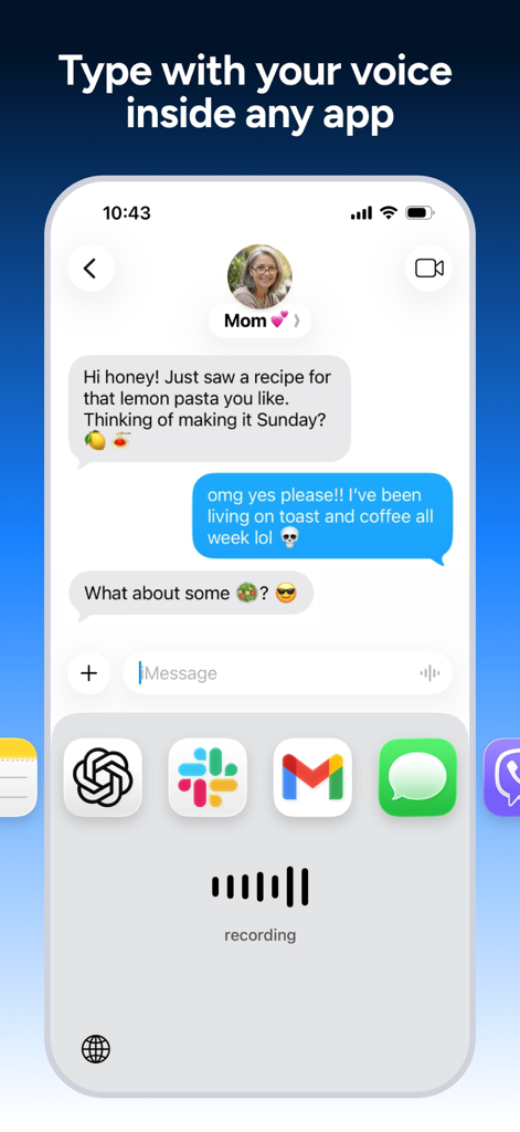 Pantalla móvil mostrando la función de escritura por voz de Soniox integrada con aplicaciones como Slack, Gmail y ChatGPT para transcripción en tiempo real.