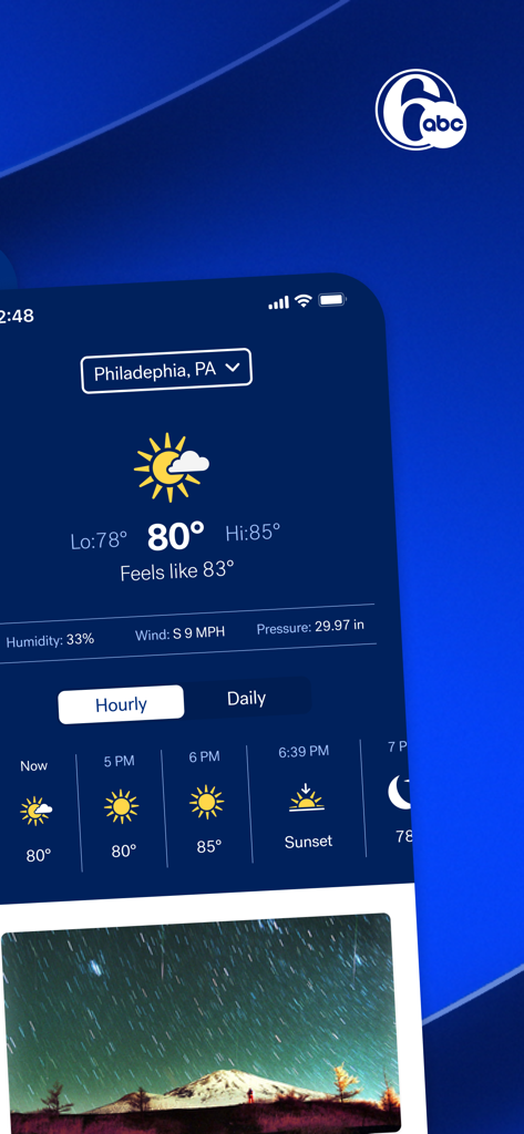 6abc Philadelphia news app displaying current weather temperature and hourly forecast for Philadelphia PA