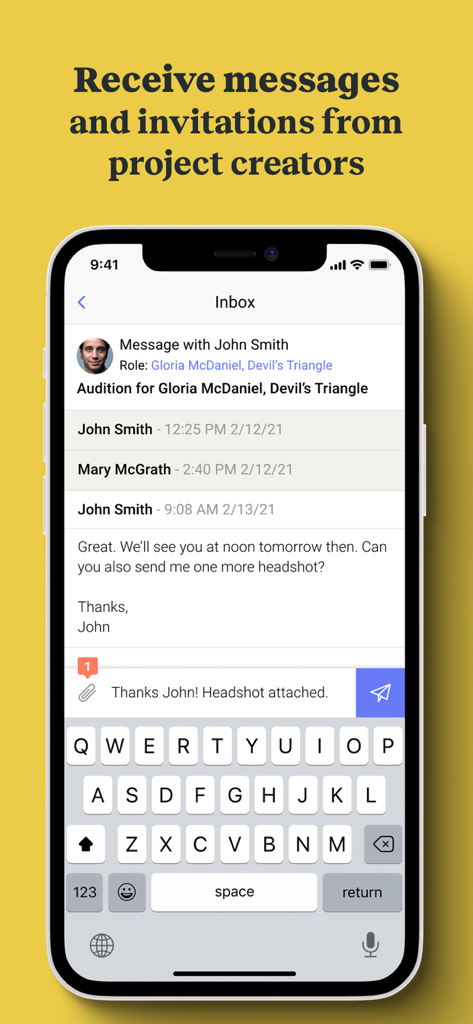 Backstage app inbox displaying a conversation between talent and a project creator about an audition