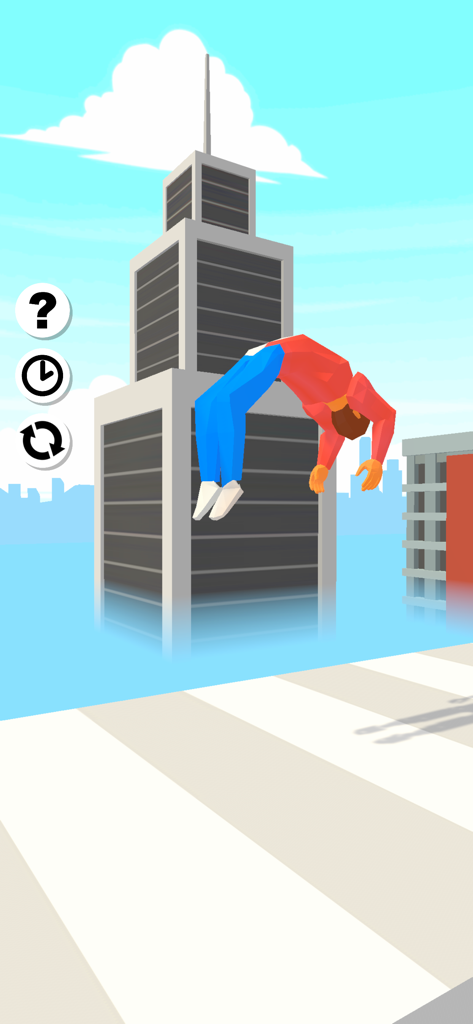 Backflip Master - Parkour Game - Personagem fazendo uma acrobacia de pirueta entre prédios altos em um jogo de parkour