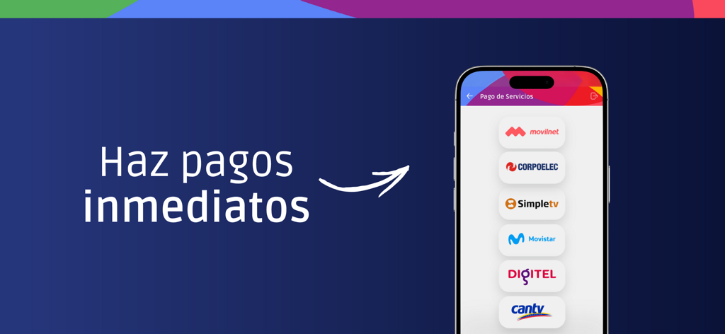 Movil BDT - Interfaz de la aplicación Movil BDT mostrando opciones de pago de facturas de servicios públicos como Movilnet y Corpoelec