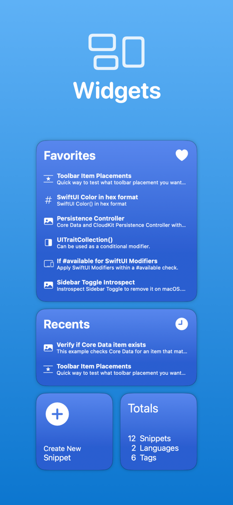 Snippets Studio - Widgets móveis para Snippets Studio mostrando trechos de código favoritos e recentes