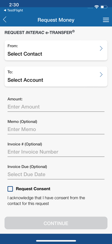 Your Credit Union Mobile App - Interface of the Your Credit Union mobile app showing the Request Money screen via Interac e-Transfer