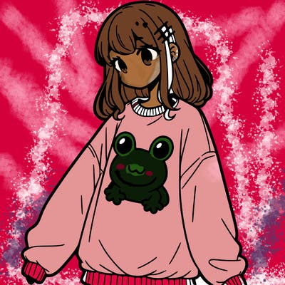 girl wearing frogging sweatshirt
