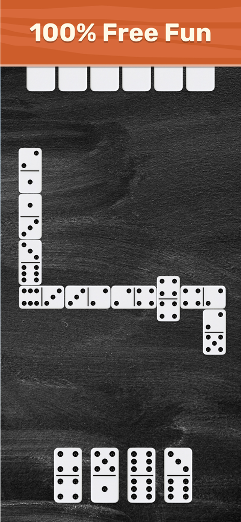 Dominoes - Draw, Block & All 5 - Interfaz de juego de dominó móvil que muestra fichas blancas grandes sobre un fondo de pizarra.