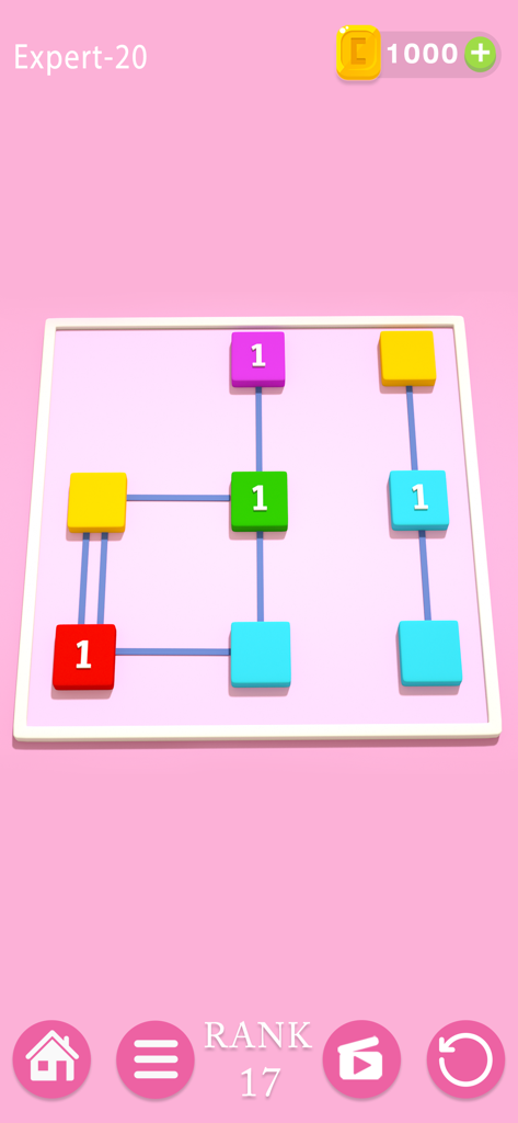 A minimalist logic puzzle from the Puzzledom app showing colorful numbered blocks connected by lines on a pink background.