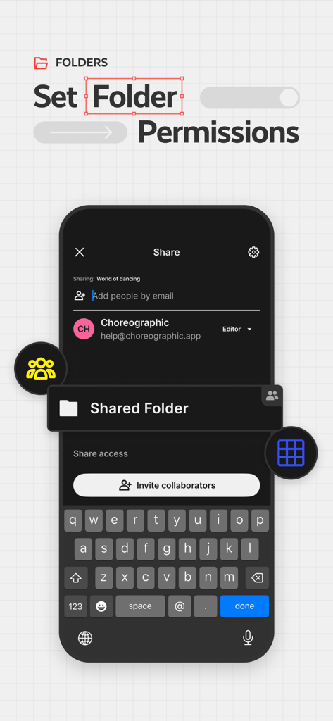 Choreographic: Dance Formation - Mobile app screen for managing dance choreography folder permissions and inviting collaborators.