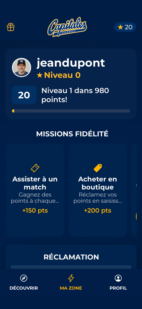 Capitales de Québec - Capitales de Quebec mobile app loyalty rewards and mission status interface