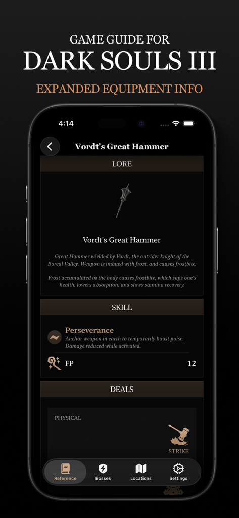 Game Guide for Dark Souls III - Dark Souls III game guide app displaying equipment information and lore for Vordt's Great Hammer