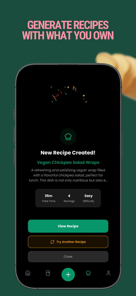 Crumb: Kitchen Recipes & Meals - Crumb app displaying a new recipe for Vegan Chickpea Salad Wraps generated from current pantry stock