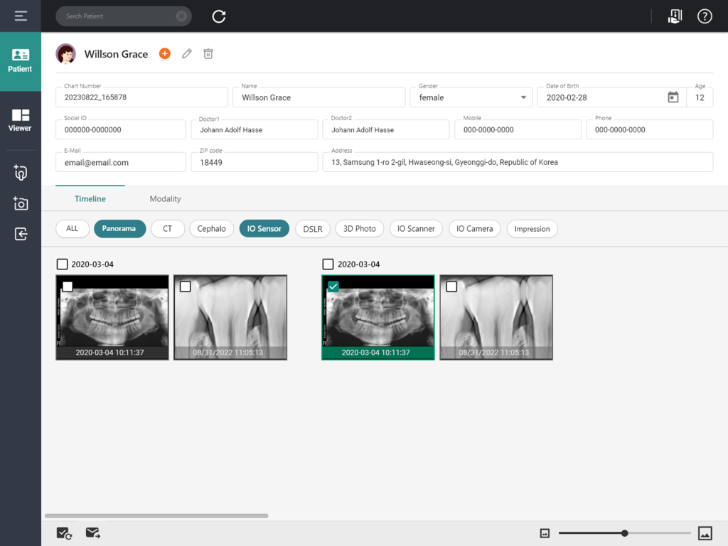 Una interfaz de perfil de paciente dental en EzDent Web que muestra información personal y miniaturas de imágenes de rayos X.