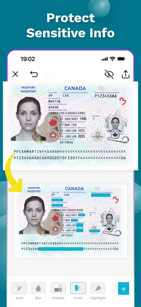 Auto Blur Face: Redact Privacy - Mobile app interface showing a Canadian passport with private details redacted using color blocks