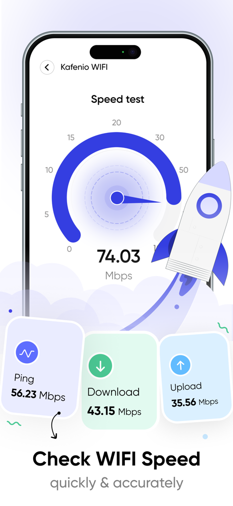 Wifi Password + Wifi Finder - Wifi speed test interface showing download and upload speeds