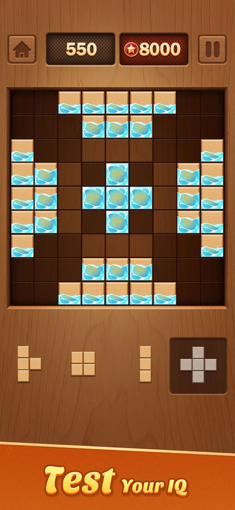 Wooden Block Adventure - Una pantalla de juego de puzzles de bloques de madera con una cuadrícula de madera con bloques helados y el texto 'Pon a prueba tu coeficiente intelectual'.