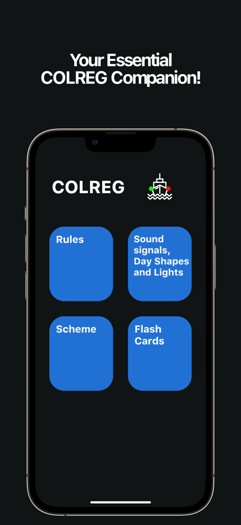 COLREG - Home screen of the COLREG app showing sections for maritime rules and signals