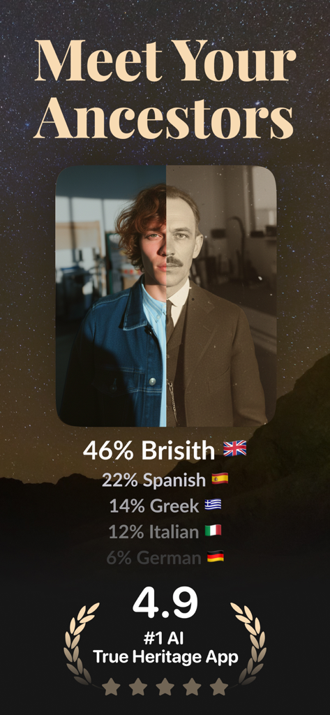 Une comparaison en écran partagé entre un homme moderne et son portrait d'ancêtre généré par IA, ainsi qu'une répartition en pourcentage de l'héritage ethnique