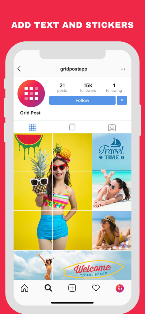 Pantalla de teléfono inteligente que muestra una cuadrícula de Instagram con fotos temáticas de verano y stickers de texto creativos