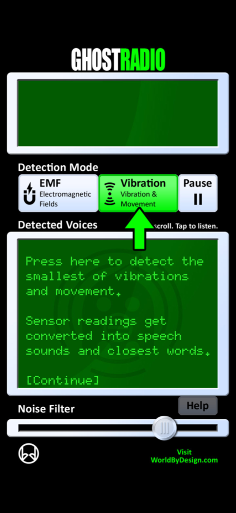 GhostRadio - Interfaccia dell'app GhostRadio che evidenzia la modalità di rilevamento delle vibrazioni e le istruzioni per i sensori