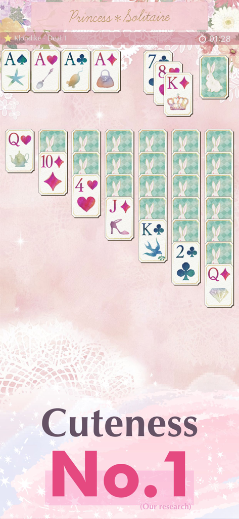 Princess*Solitaire: Cute Games - Screenshot of Princess Solitaire gameplay featuring cute bunny cards and a pink aesthetic theme