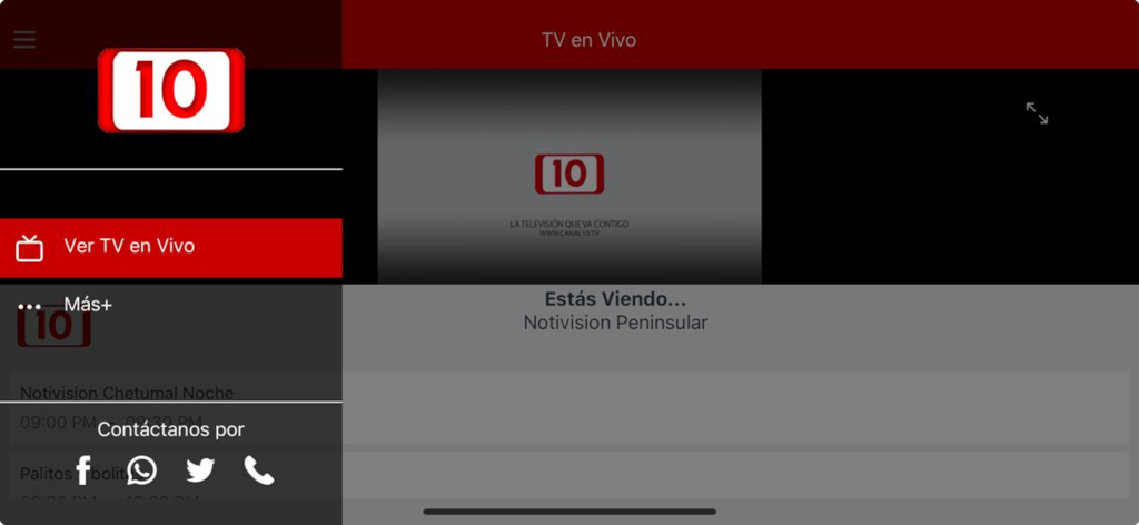 Canal 10 - Pantalla de la app móvil Canal 10 mostrando la transmisión en vivo de las noticias de Notivision Peninsular y un menú de navegación.