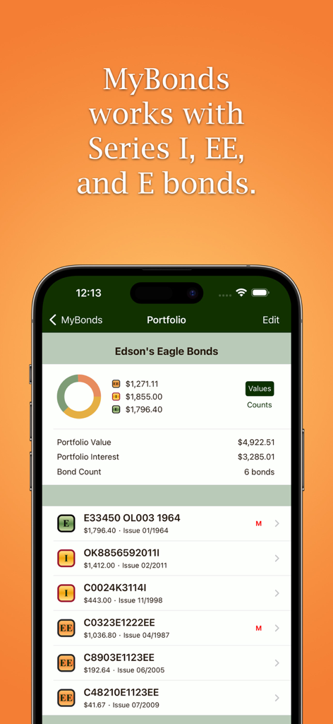 MyBonds app screen displaying a portfolio of US savings bonds including Series I, EE, and E with total value and interest