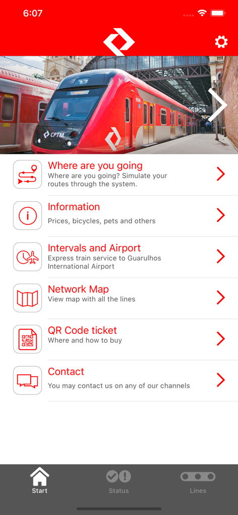 CPTM Oficial - Tela principal do aplicativo CPTM Oficial para navegação de trens e planejamento de rotas em São Paulo.