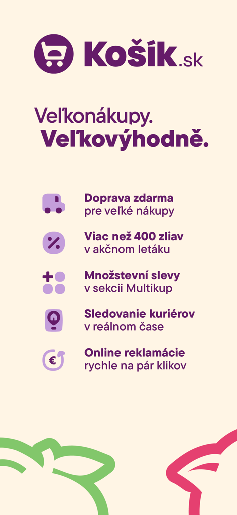 Košík.sk - Kosik.sk app features showing free delivery, discounts, quantity savings, real-time tracking, and online claims