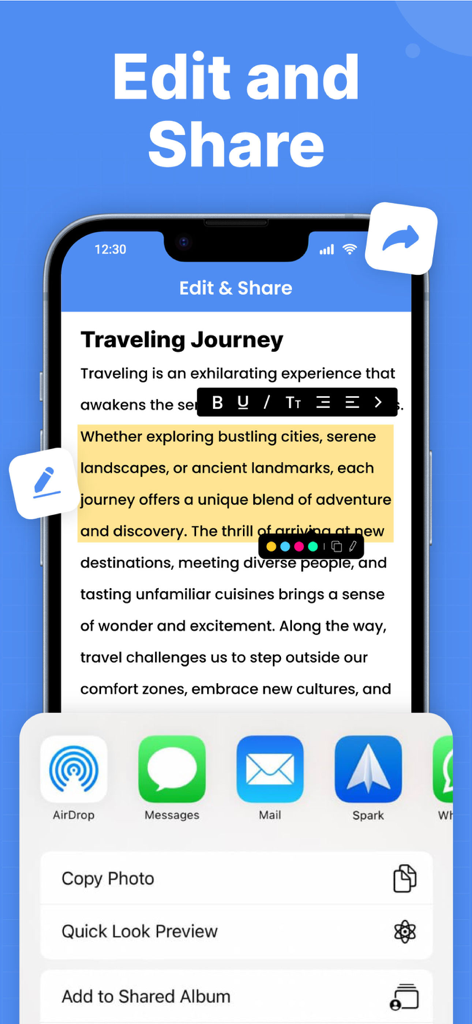 Picture To Text: Image To Text - La interfaz de una aplicación móvil que muestra herramientas de edición de texto y opciones para compartir texto OCR extraído.