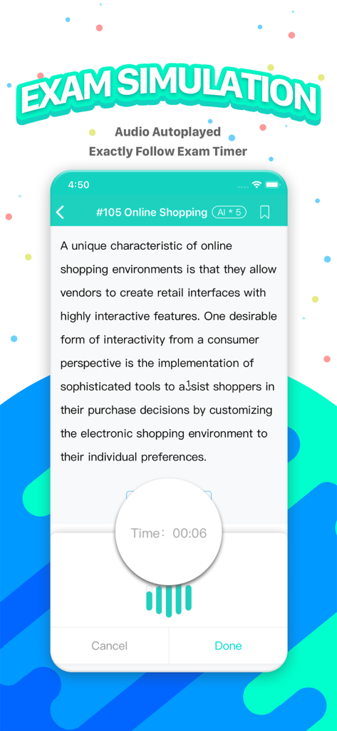 APEUni PTE app interface showing an exam simulation with a reading passage and a recording timer.