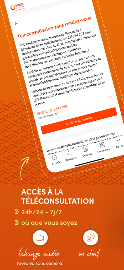 Harmonie & moi - Interface de l'application Harmonie et moi pour la téléconsultation médicale 24h/24 et 7j/7 et les consultations vidéo avec un médecin