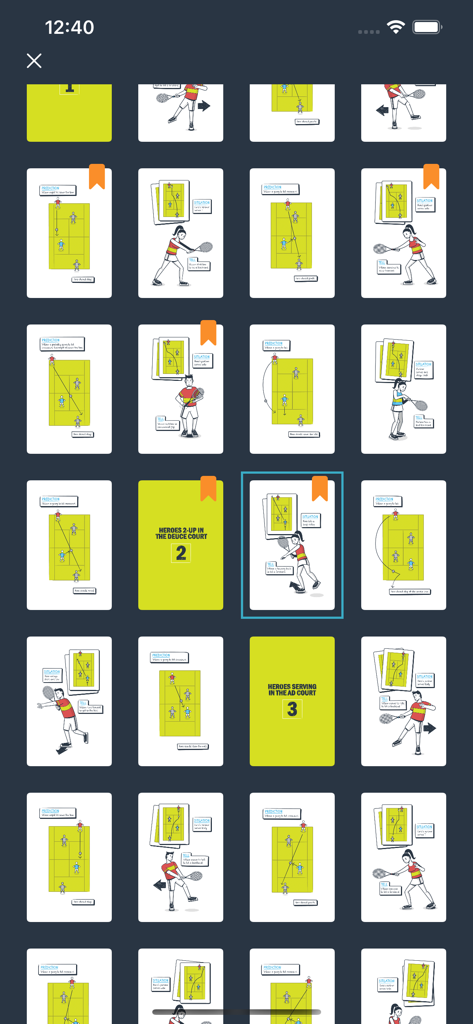 Fuzzy Yellow Balls - Grid view of instructional tennis strategy cards and court diagrams in the Fuzzy Yellow Balls app