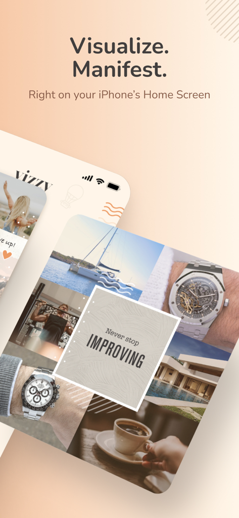 2026 Vision Board Maker Vizzy - A lifestyle vision board collage on the Vizzy manifestation app including goals for fitness travel and luxury