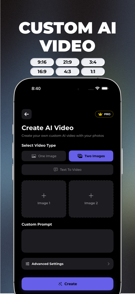AI Video Generator Astoria - Interfaz de la aplicación Astoria AI para crear vídeos personalizados con IA con diferentes relaciones de aspecto e indicaciones