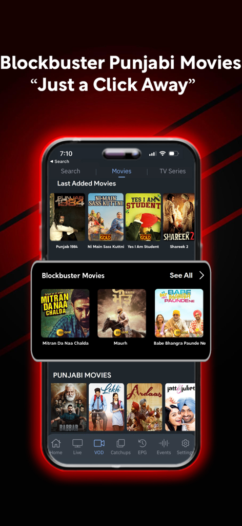 KaroStream - KaroStream app interface showing a selection of blockbuster Punjabi movies in the VOD library