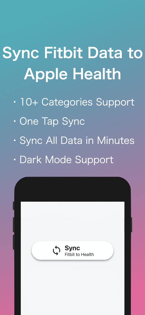 Pantalla principal de la aplicación Sync Fitbit to Apple Health con botón de sincronización y destacados de funciones