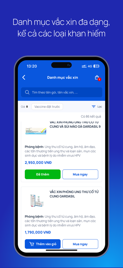 A mobile app screen displaying a catalog of available vaccines including prices and disease prevention information.